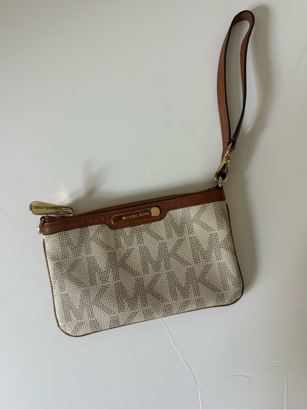 Michael Kors Beige Signature Canvas Wristlet with Brown Trim